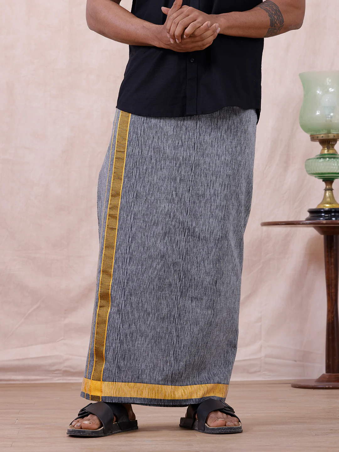 Men Cotton Blend Single Layer Grey Dhoti with Fancy Border Nitro Slub 03 - Image 2