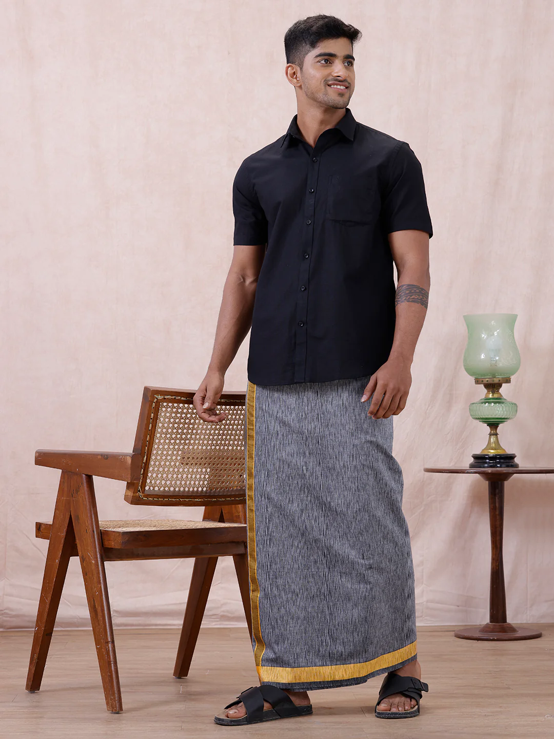 Men Cotton Blend Single Layer Grey Dhoti with Fancy Border Nitro Slub 03 - Image 3
