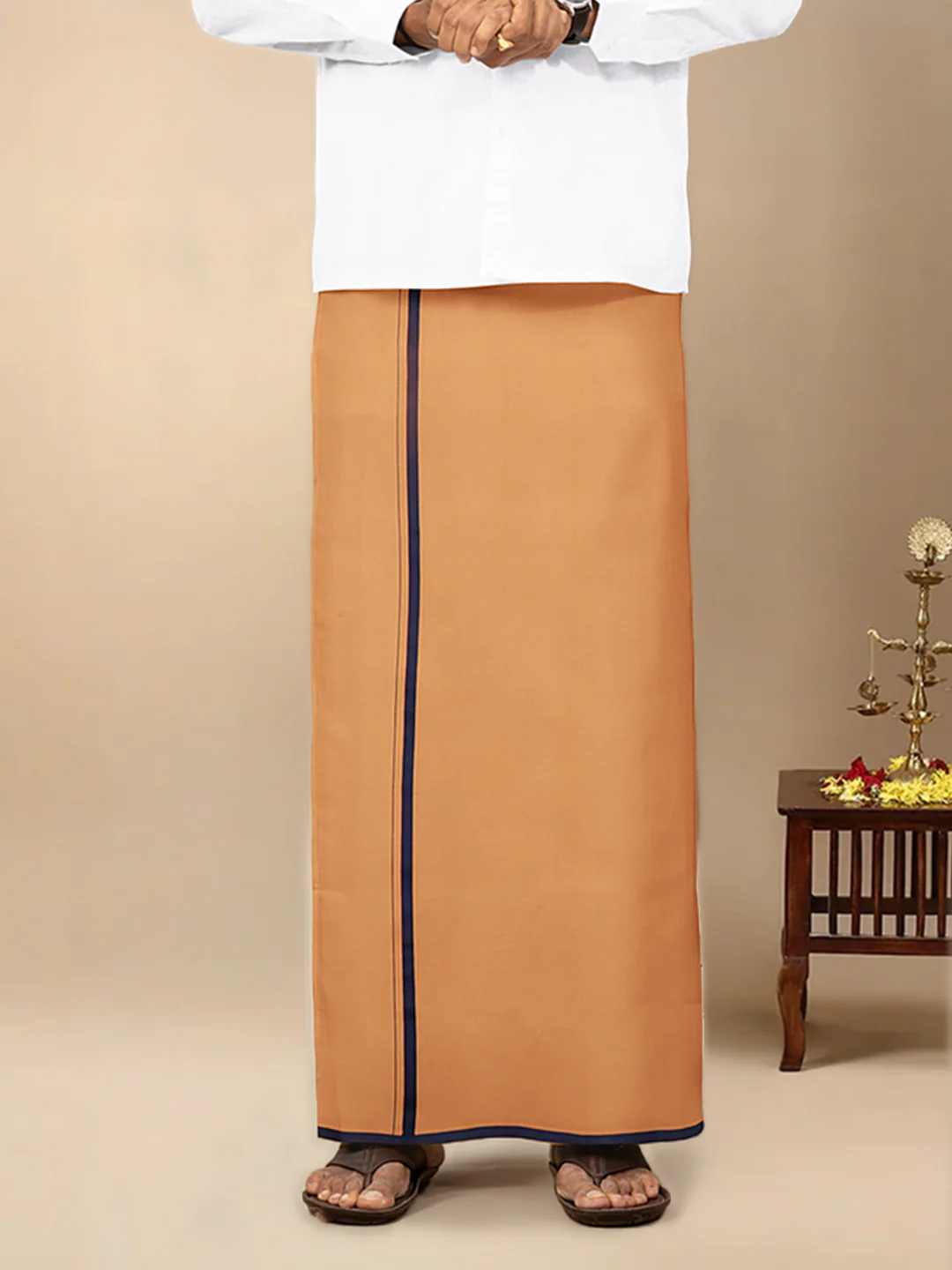 Men Cotton Blend Single Layer Kaavi Dhoti & Towel Set with Assorted Border Poojan - Image 2