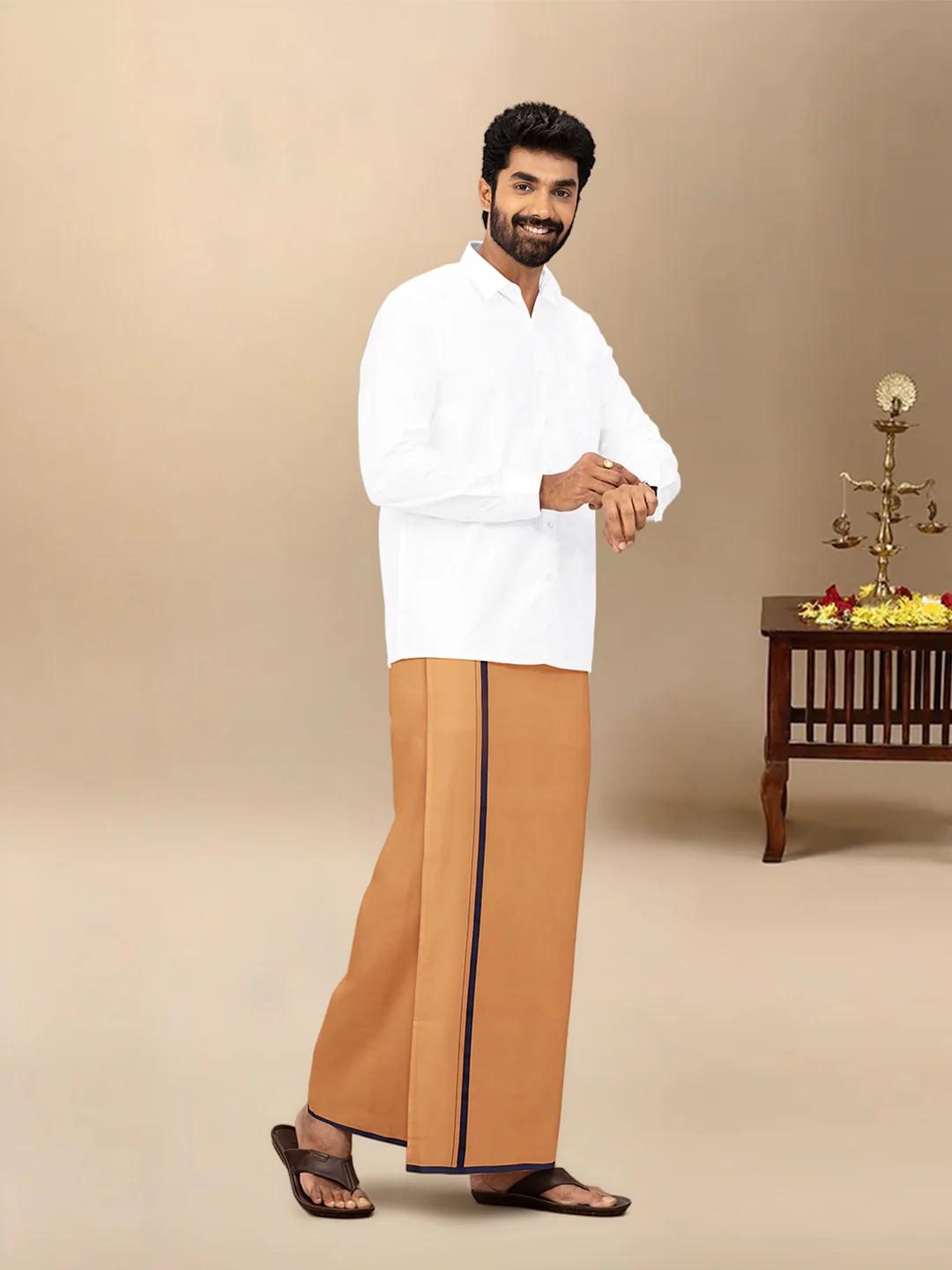 Men Cotton Blend Single Layer Kaavi Dhoti & Towel Set with Assorted Border Poojan - Image 3