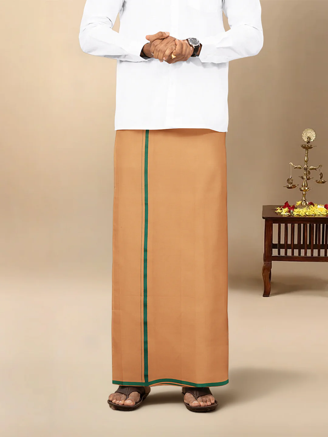 Men Cotton Blend Single Layer Kaavi Dhoti & Towel Set with Assorted Border Poojan - Image 2