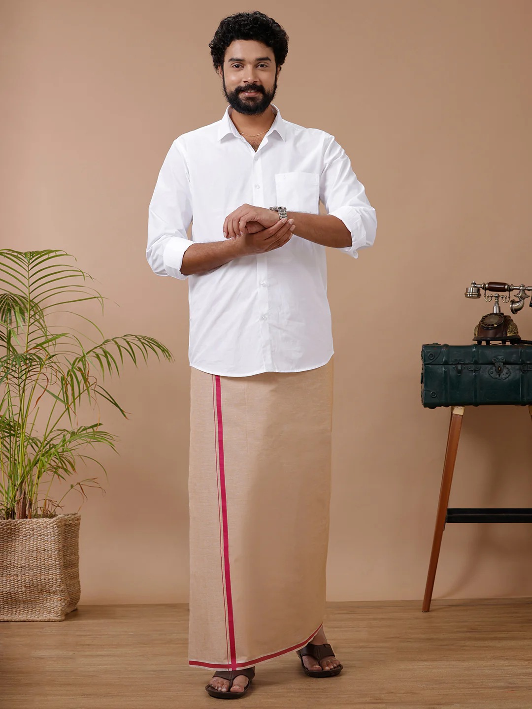 Men Cotton Blend Single Layer Kaavi Dhoti with Assorted Border Yogi BB3 - Image 4