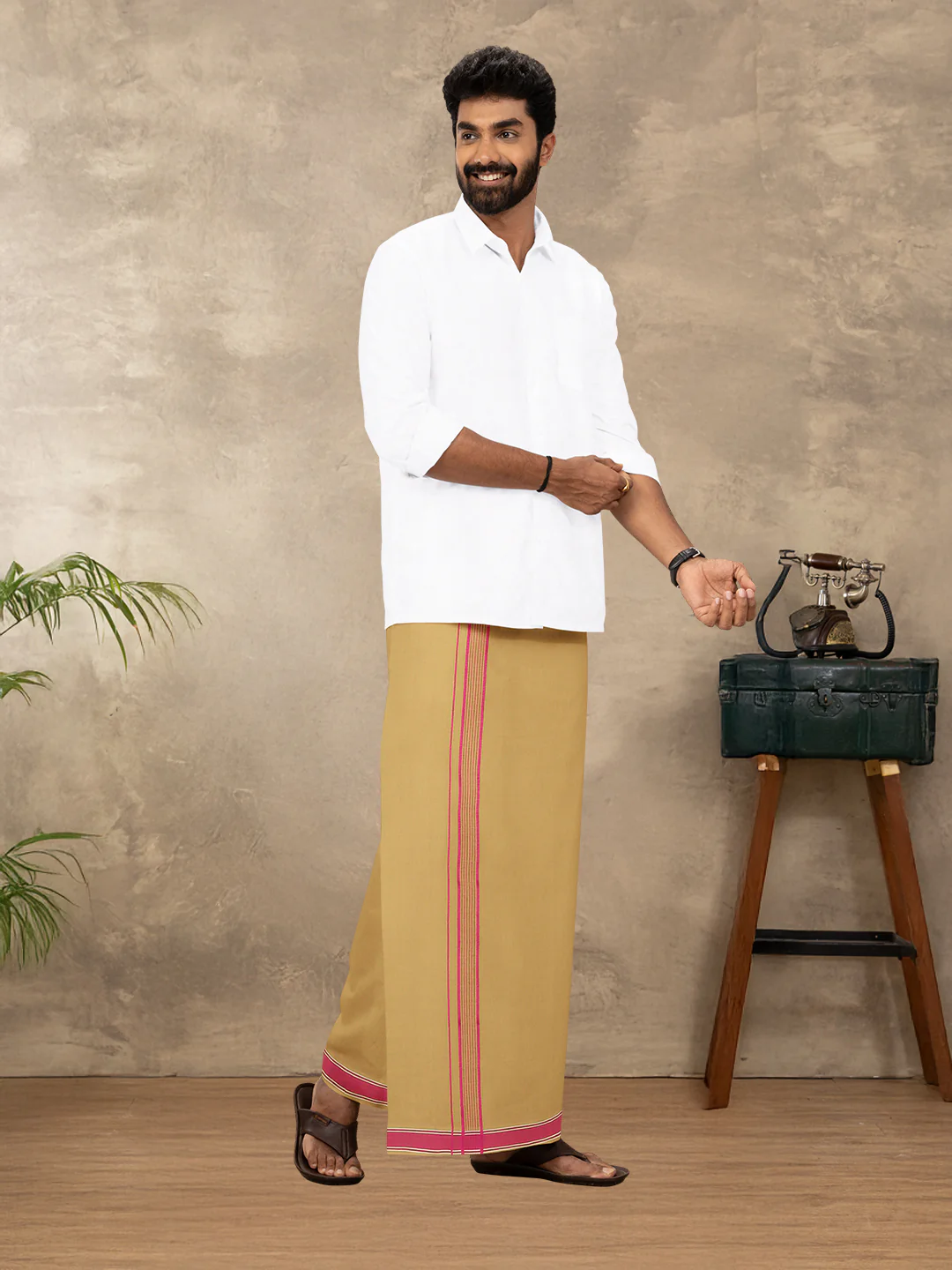 Men Cotton Blend Single Layer Kaavi Dhoti with Fancy Border Charming Line 10 - Image 2
