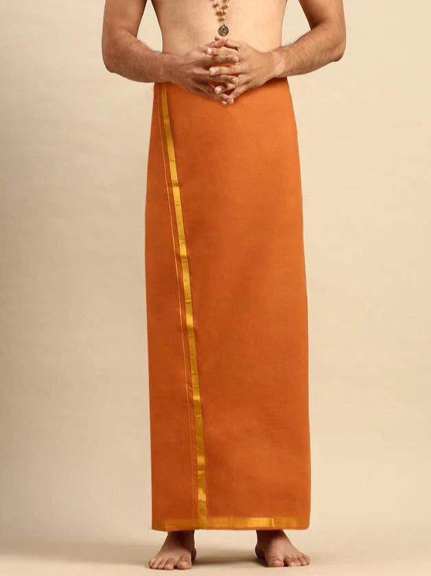 Men Cotton Blend Single Layer Kaavi Dhoti with Jari Border Cosmic