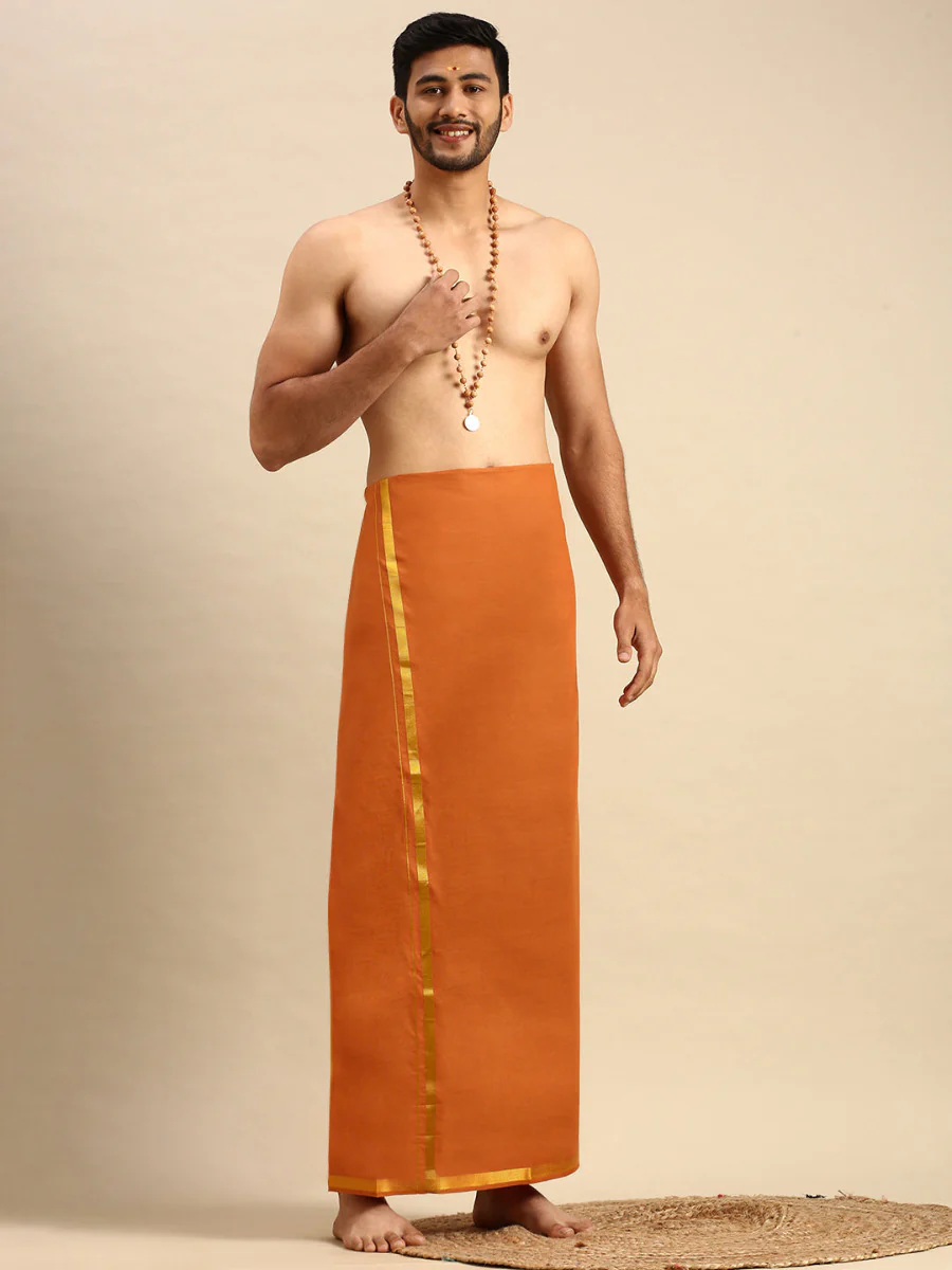 Men Cotton Blend Single Layer Kaavi Dhoti with Jari Border Cosmic - Image 2