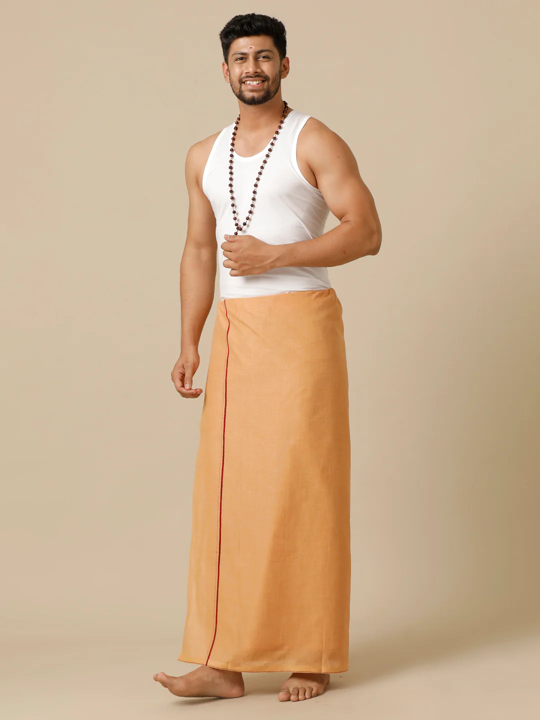 Men Cotton Blend Single Layer Kaavi Dhoti with Small Border - Image 3