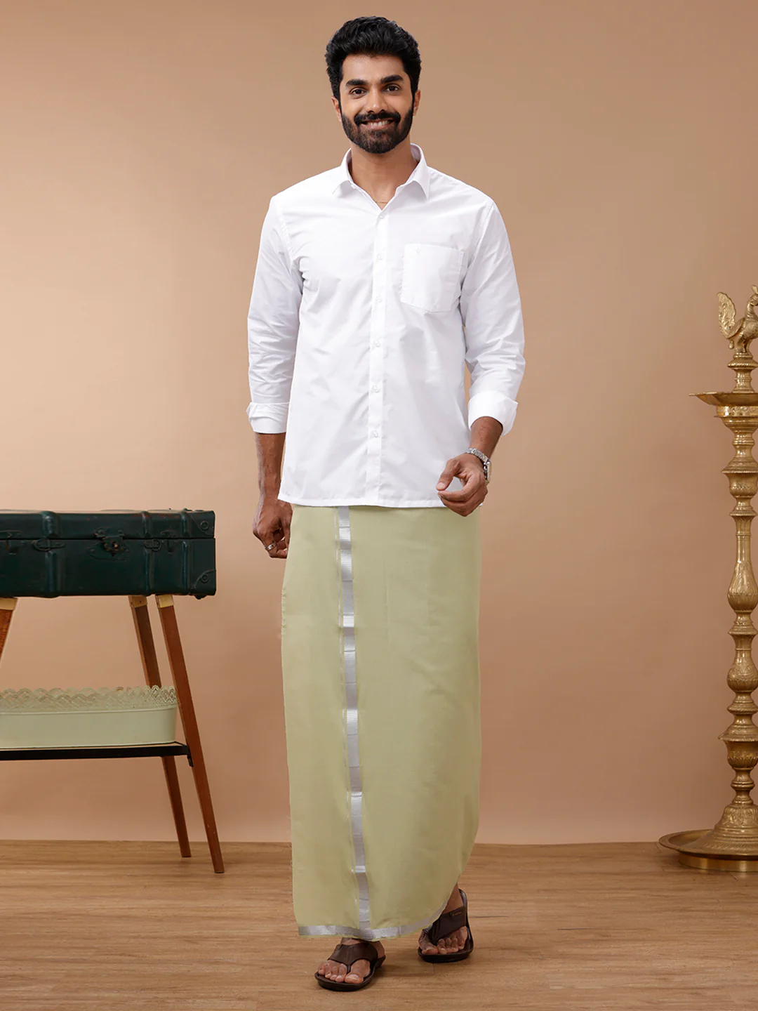 Men Cotton Blend Single Layer Light Green Dhoti with Silver Jari Border - Image 3