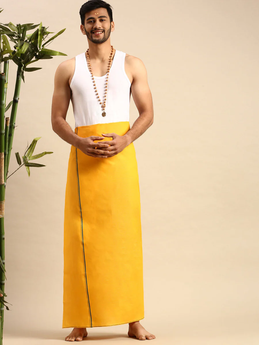 Men Cotton Blend Single Layer Mango Dhoti with Assorted Border Astra - Image 2