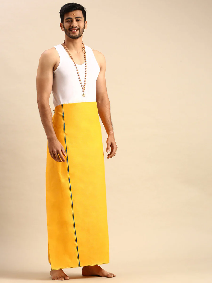 Men Cotton Blend Single Layer Mango Dhoti with Assorted Border Astra - Image 3