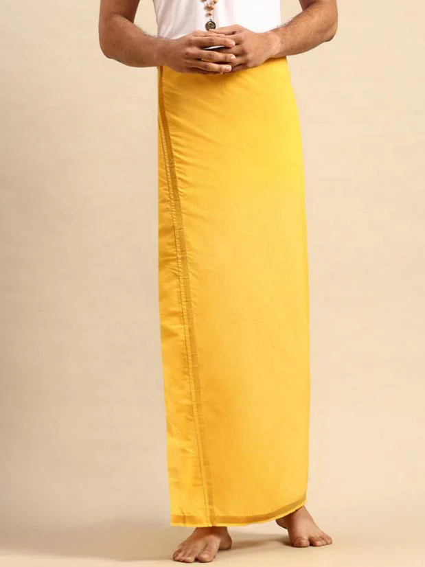 Men Cotton Blend Single Layer Mango Dhoti with Gold Jari Border Cosmic 2