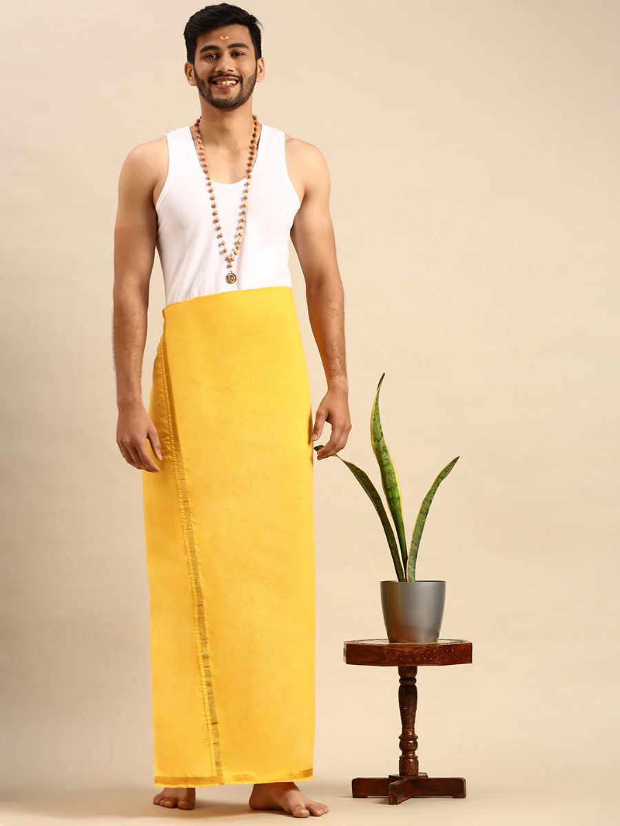 Men Cotton Blend Single Layer Mango Dhoti with Gold Jari Border Cosmic 2 - Image 2
