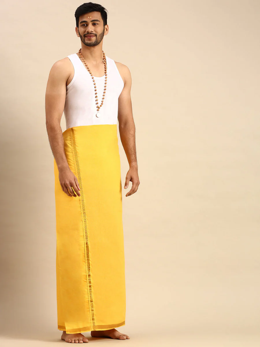 Men Cotton Blend Single Layer Mango Dhoti with Gold Jari Border Cosmic 2 - Image 3
