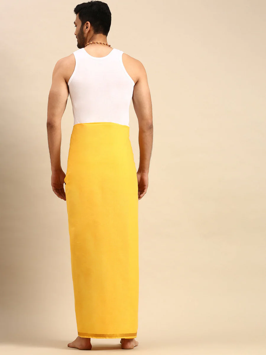 Men Cotton Blend Single Layer Mango Dhoti with Gold Jari Border Cosmic 2 - Image 4