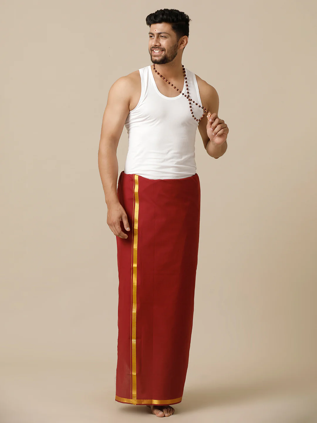 Men Cotton Blend Single Layer Maroon Dhoti with Gold Jari Border Cosmic 15 - Image 2