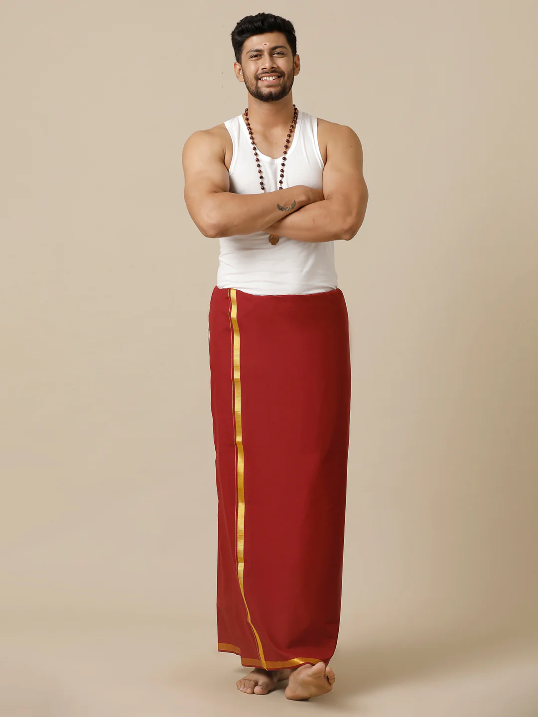 Men Cotton Blend Single Layer Maroon Dhoti with Gold Jari Border Cosmic 15 - Image 3