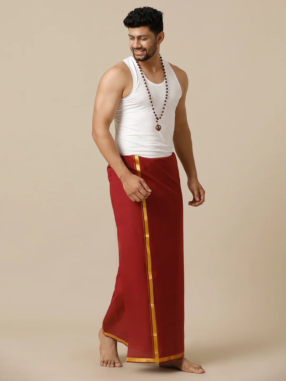 Men Cotton Blend Single Layer Maroon Dhoti with Gold Jari Border Cosmic 15 - Image 4