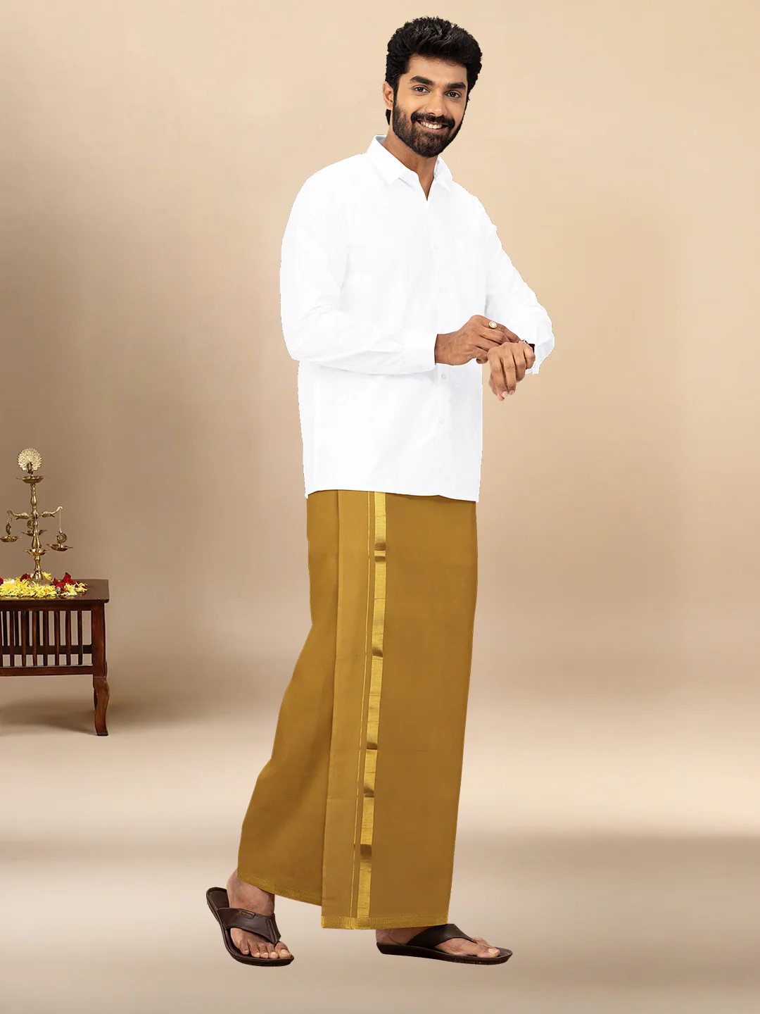 Men Cotton Blend Single Layer Mustard Dhoti with Gold Jari Border Cosmic - Image 2
