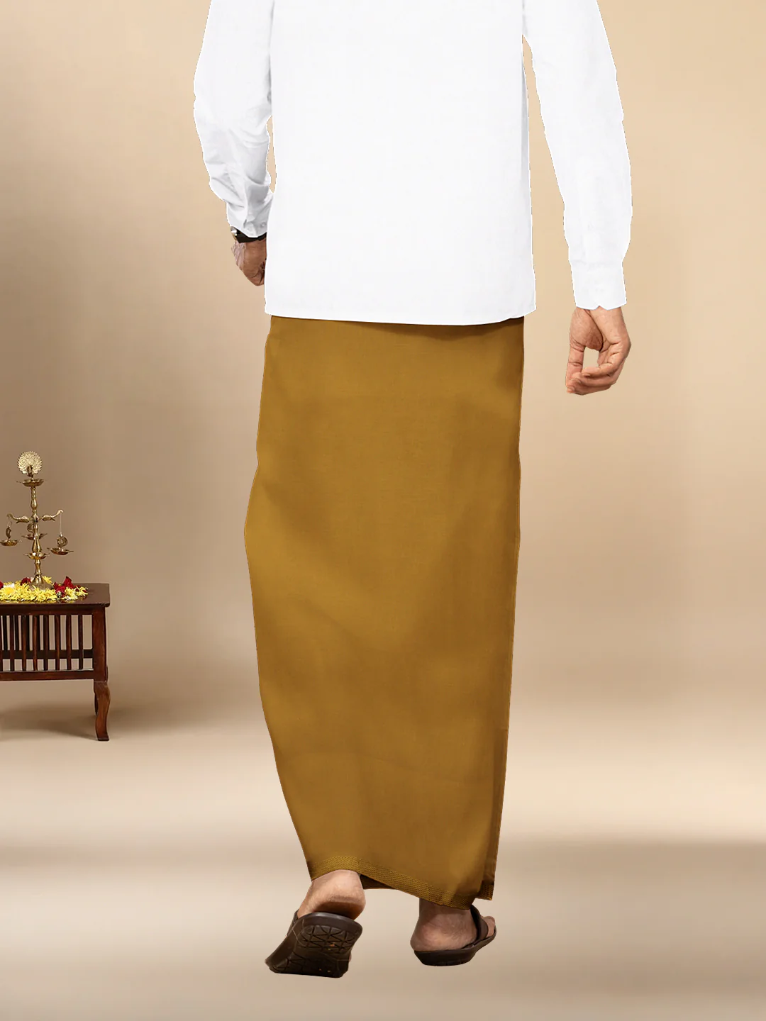 Men Cotton Blend Single Layer Mustard Dhoti with Gold Jari Border Cosmic - Image 3