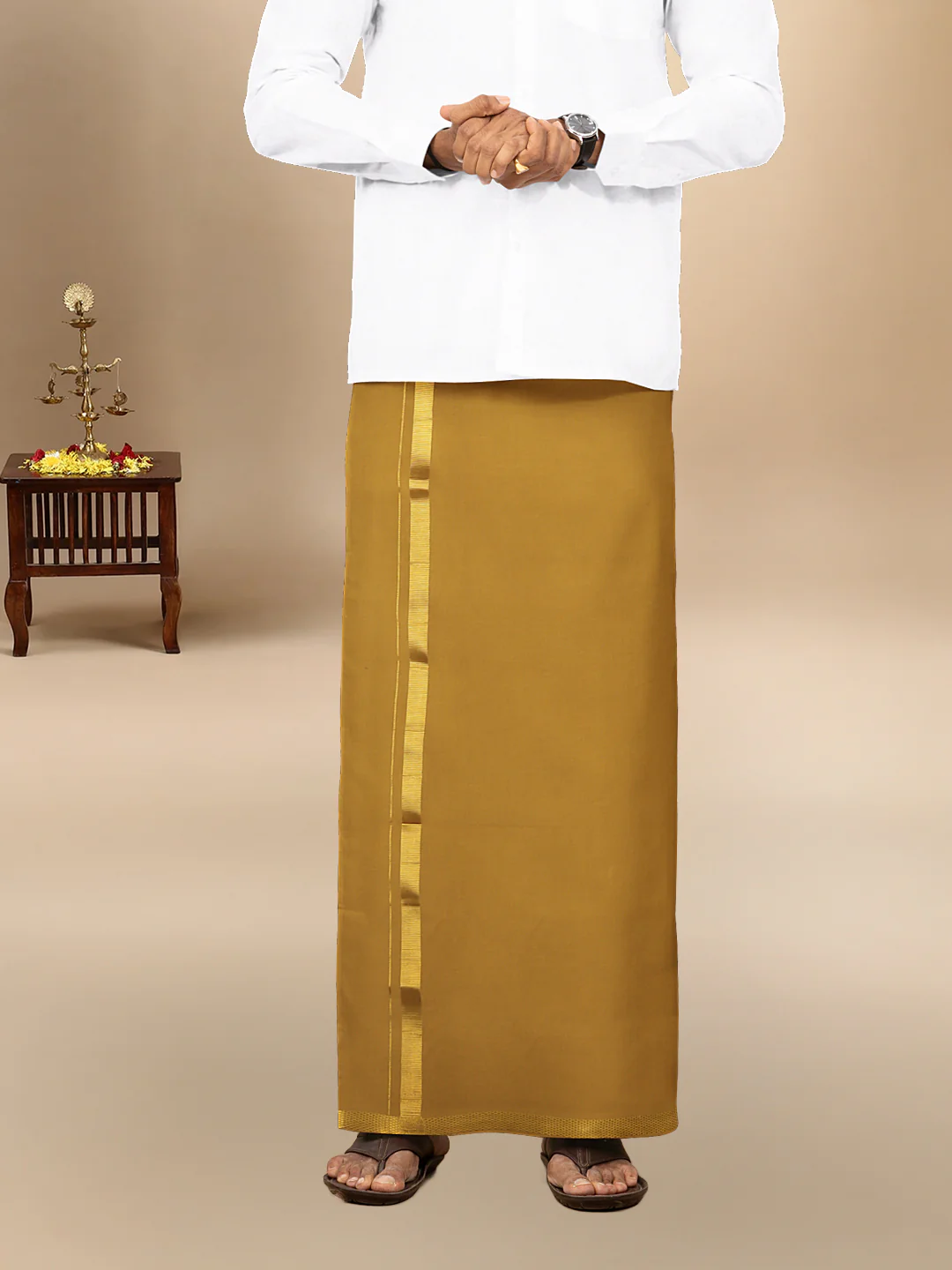 Men Cotton Blend Single Layer Mustard Dhoti with Gold Jari Border Cosmic - Image 5