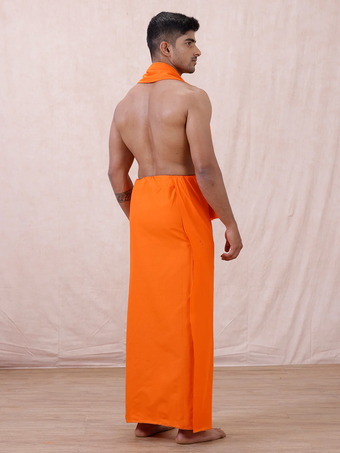 Men Cotton Blend Single Layer Orange Dhoti & Towel Set with Small Border Poojan SB - Image 5