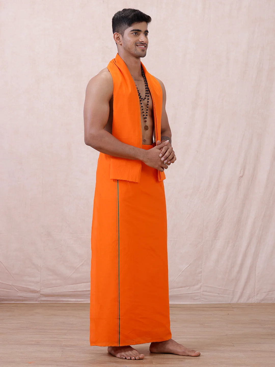 Men Cotton Blend Single Layer Orange Dhoti & Towel Set with Small Border Poojan SB - Image 6