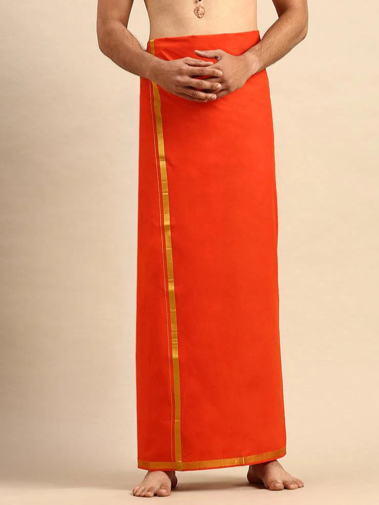 Men Cotton Blend Single Layer Orange Dhoti with Gold Jari Border Cosmic
