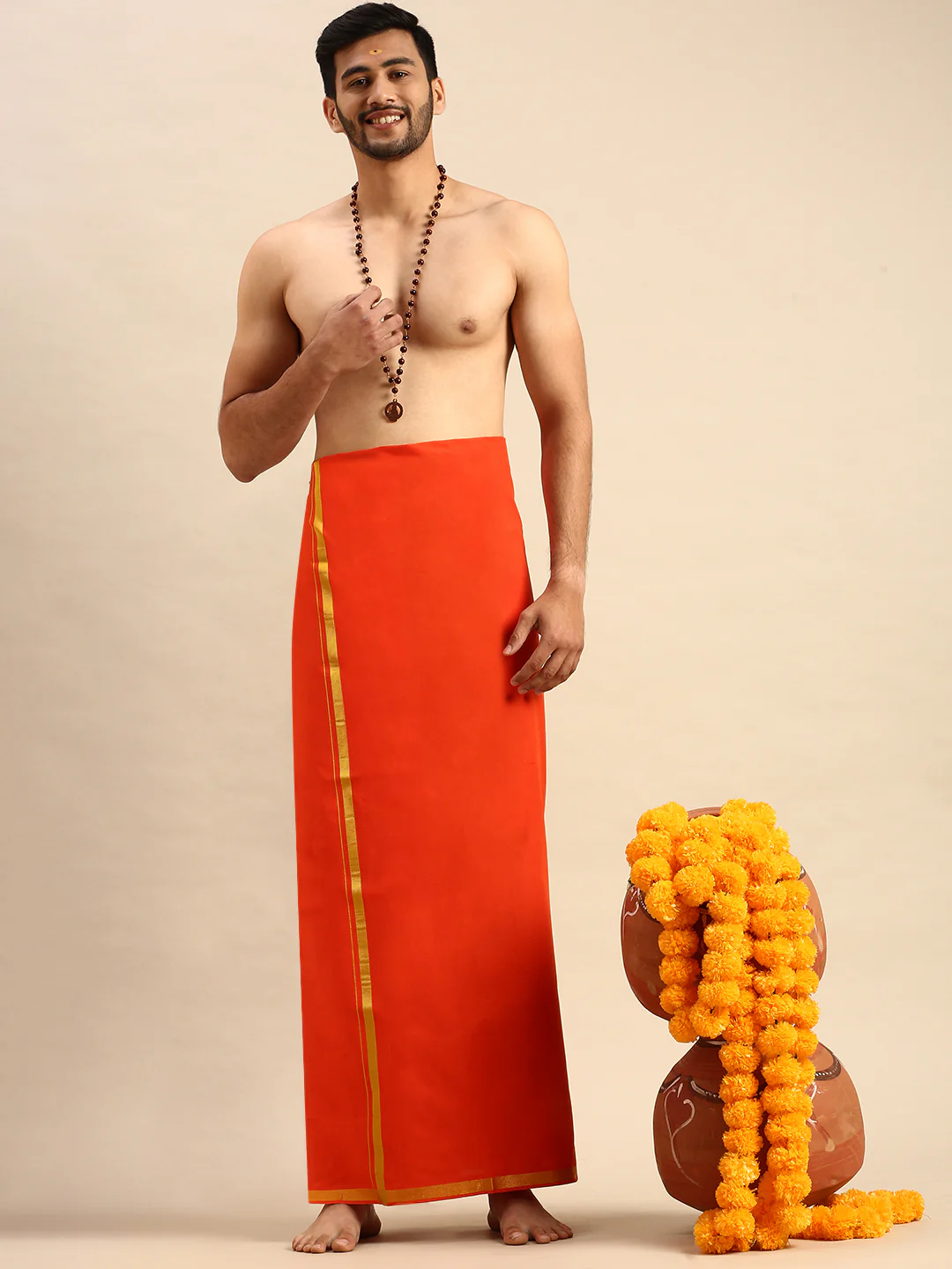 Men Cotton Blend Single Layer Orange Dhoti with Gold Jari Border Cosmic - Image 2