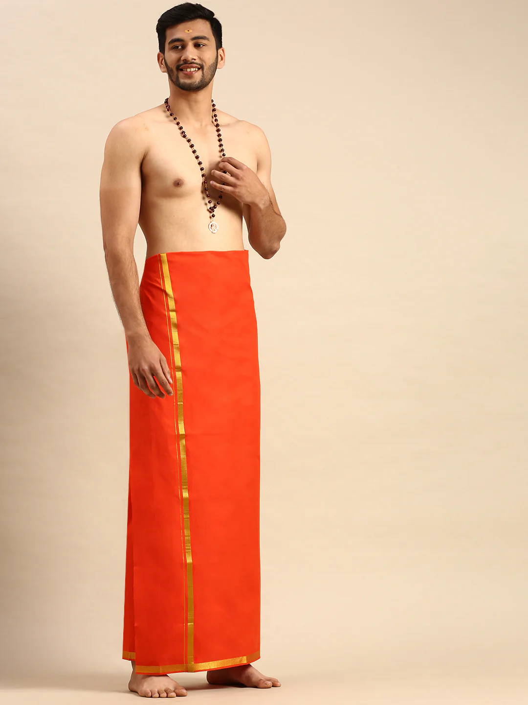 Men Cotton Blend Single Layer Orange Dhoti with Gold Jari Border Cosmic - Image 3