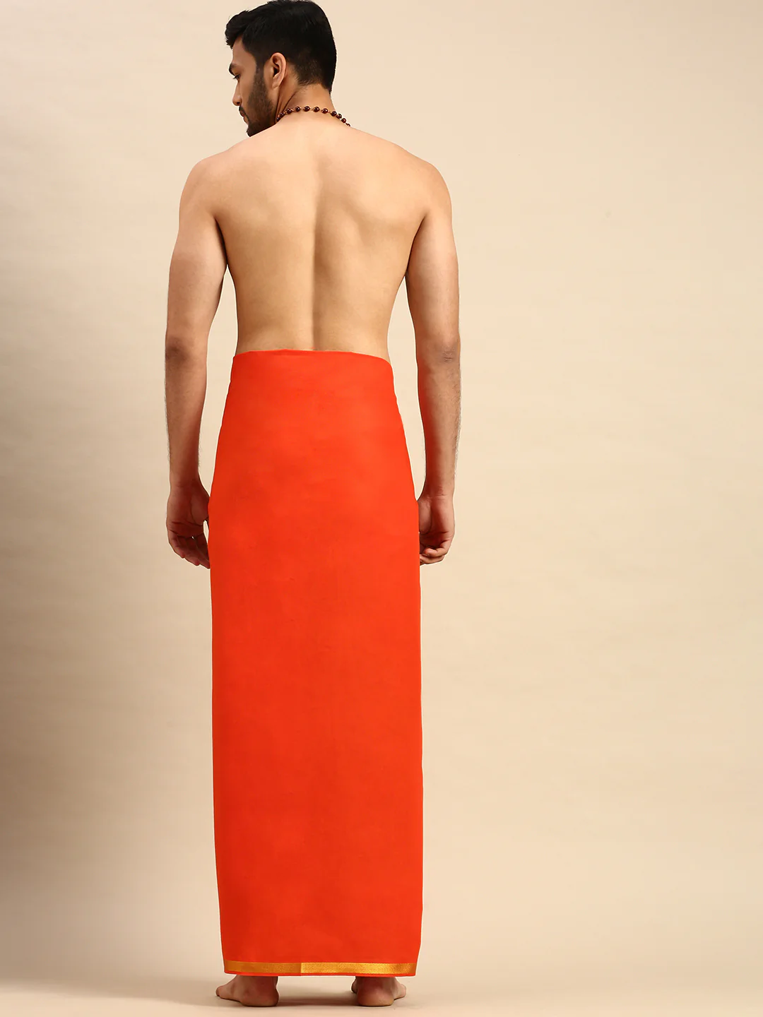 Men Cotton Blend Single Layer Orange Dhoti with Gold Jari Border Cosmic - Image 4