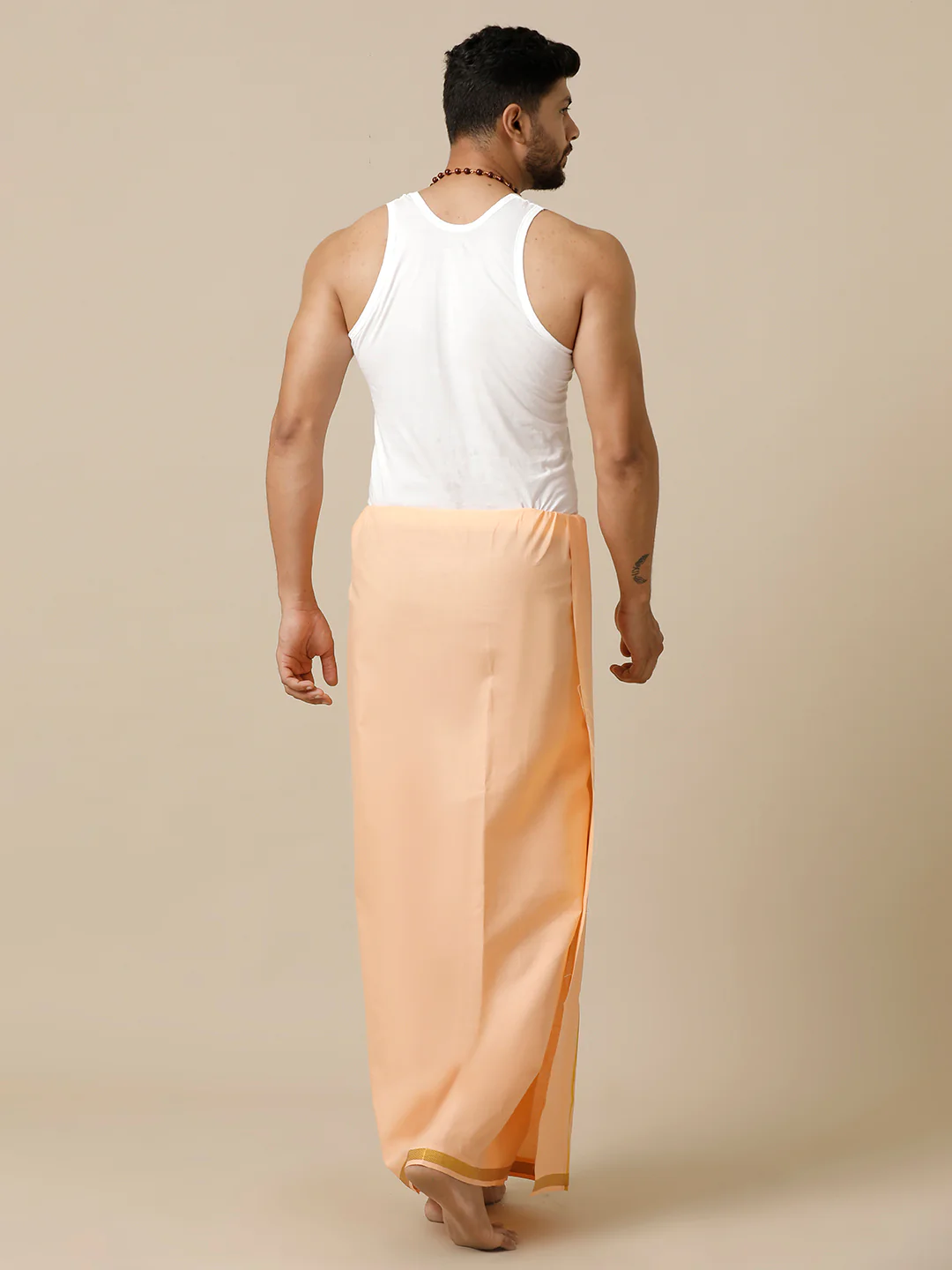 Men Cotton Blend Single Layer Peach Dhoti with Gold Jari Border Cosmic 6 - Image 4
