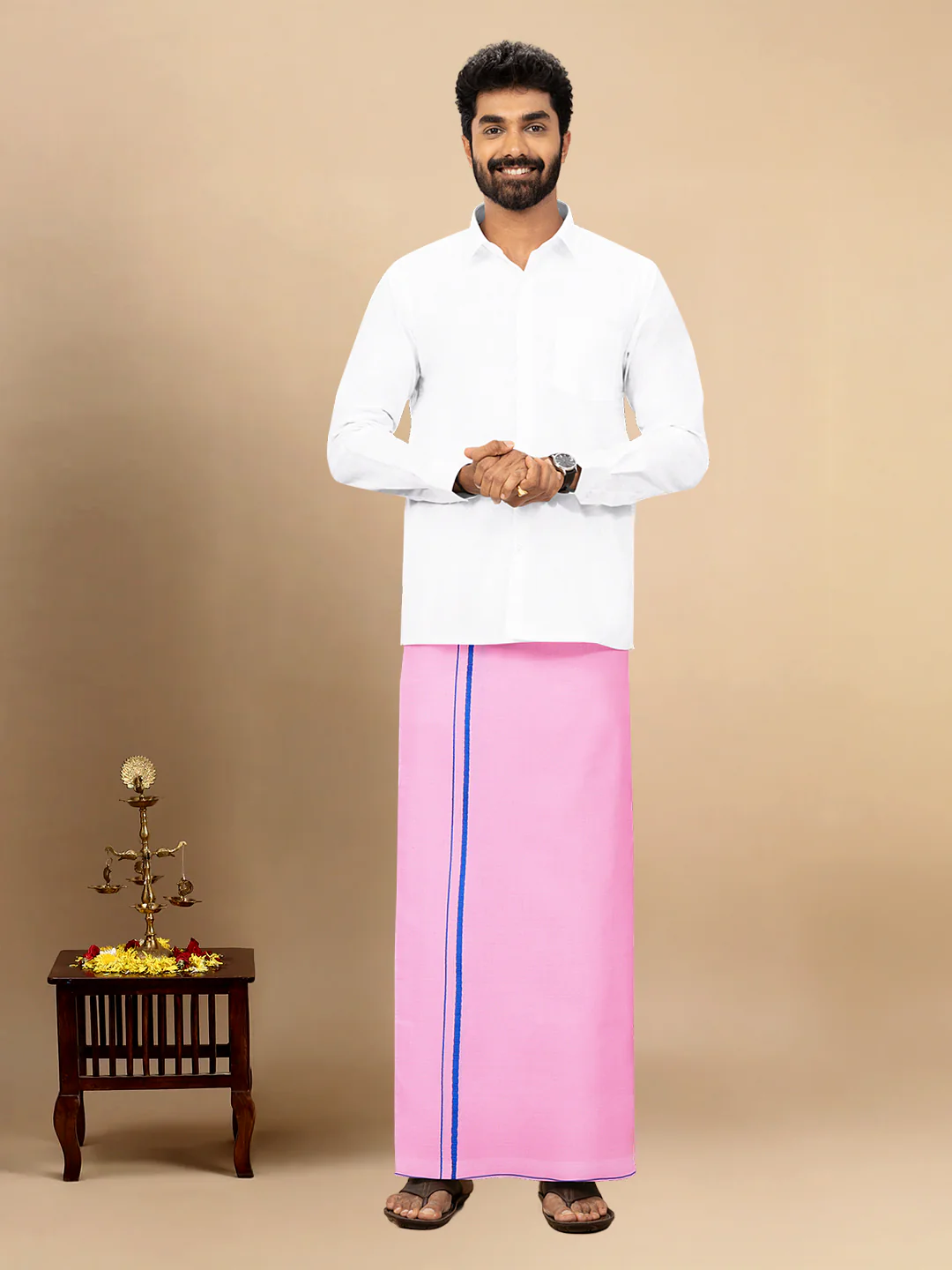 Men Cotton Blend Single Layer Pink Dhoti with Assorted Border Astra - Image 2