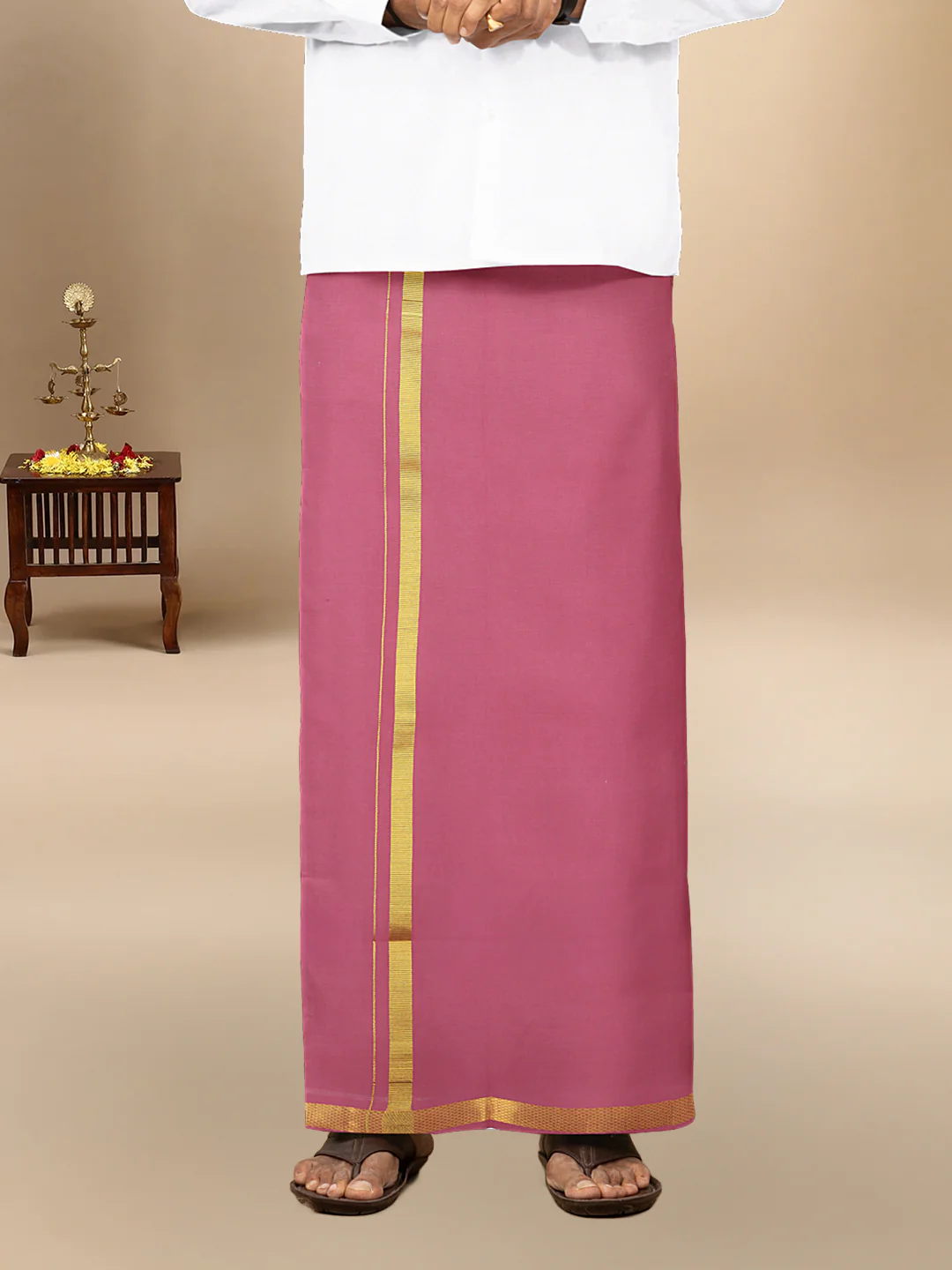 Men Cotton Blend Single Layer Pink Dhoti with Gold Jari Border Cosmic