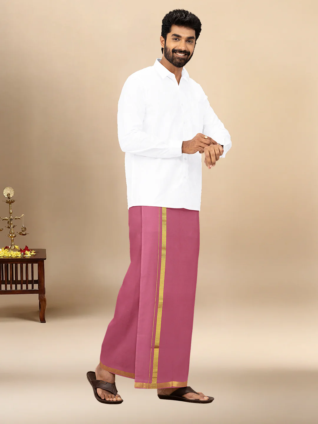 Men Cotton Blend Single Layer Pink Dhoti with Gold Jari Border Cosmic - Image 2