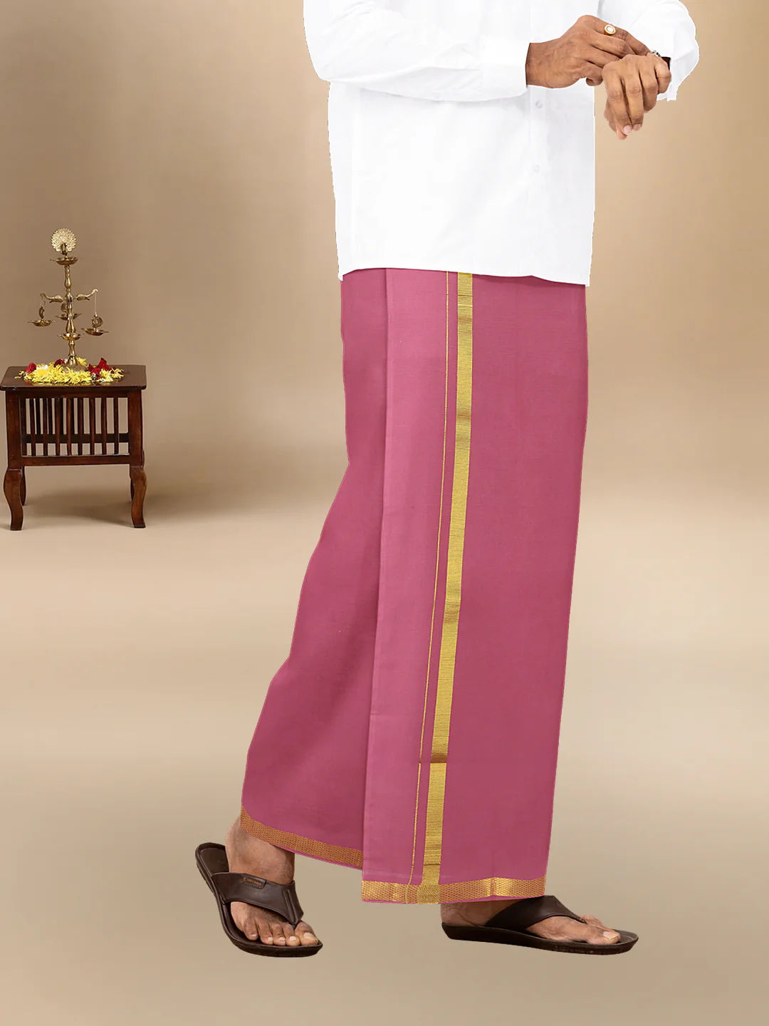 Men Cotton Blend Single Layer Pink Dhoti with Gold Jari Border Cosmic - Image 5