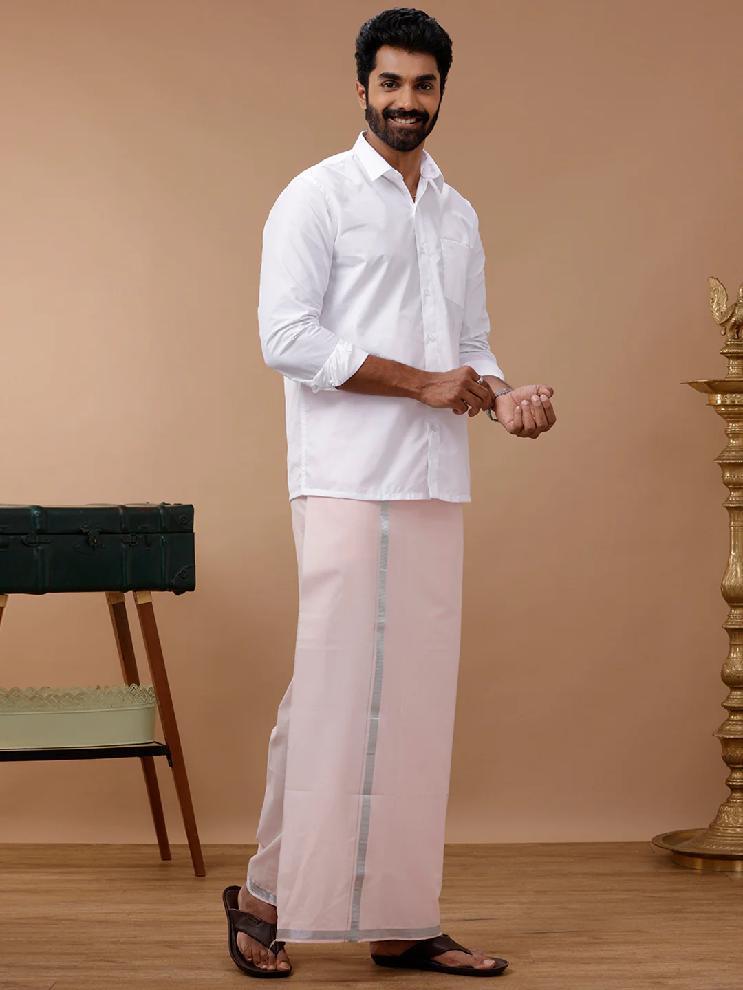 Men Cotton Blend Single Layer Pink Dhoti with Silver Jari Border Cosmic - Image 3