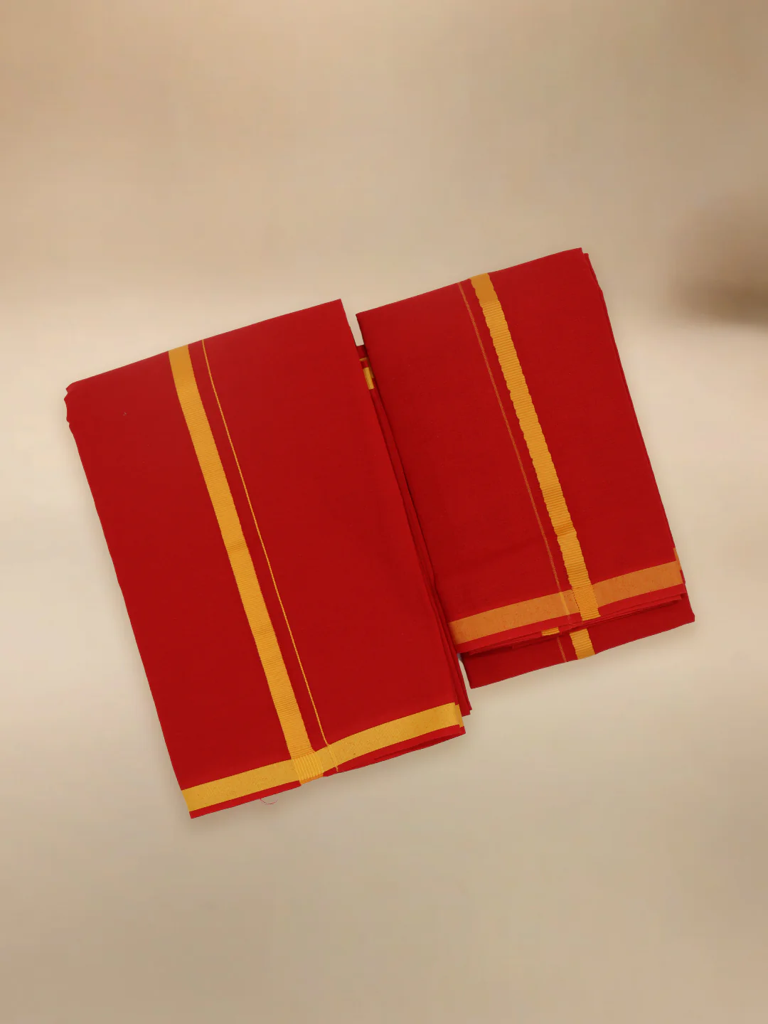 Men Cotton Blend Single Layer Red Dhoti & Towel Set with Assorted Border Poojan