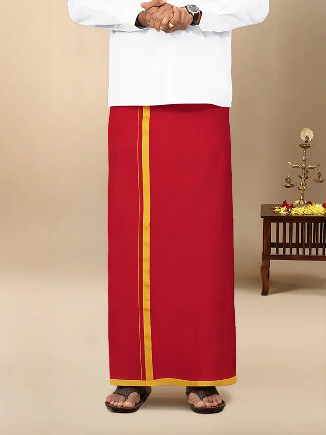 Men Cotton Blend Single Layer Red Dhoti & Towel Set with Assorted Border Poojan - Image 2