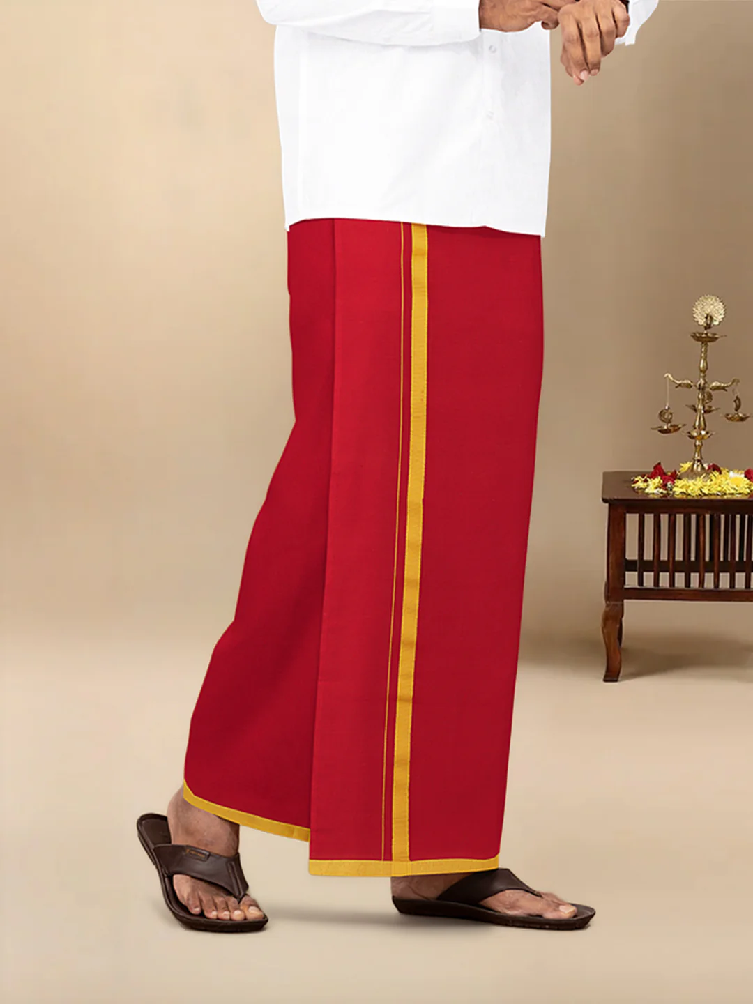 Men Cotton Blend Single Layer Red Dhoti & Towel Set with Assorted Border Poojan - Image 3