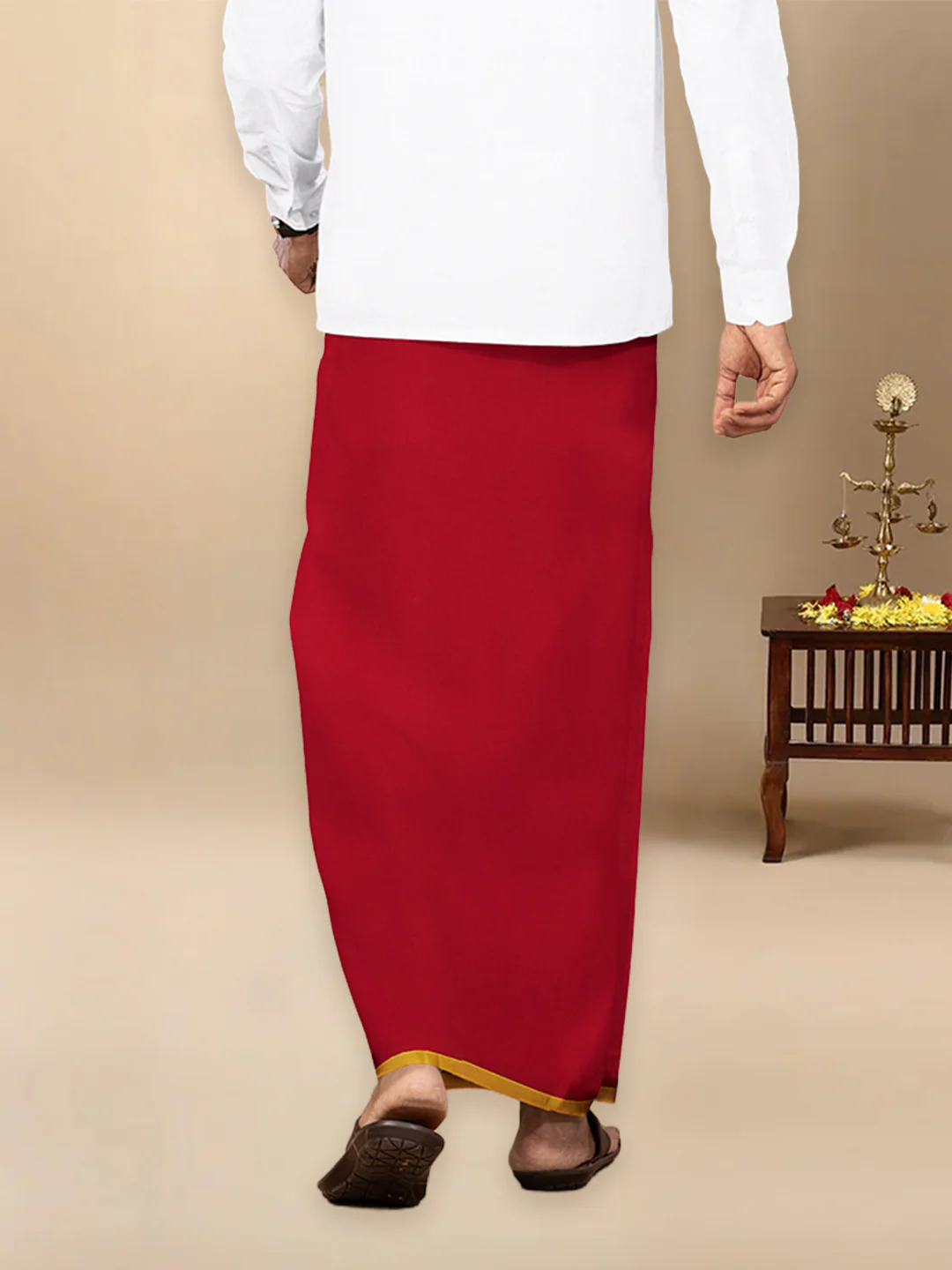 Men Cotton Blend Single Layer Red Dhoti & Towel Set with Assorted Border Poojan - Image 4