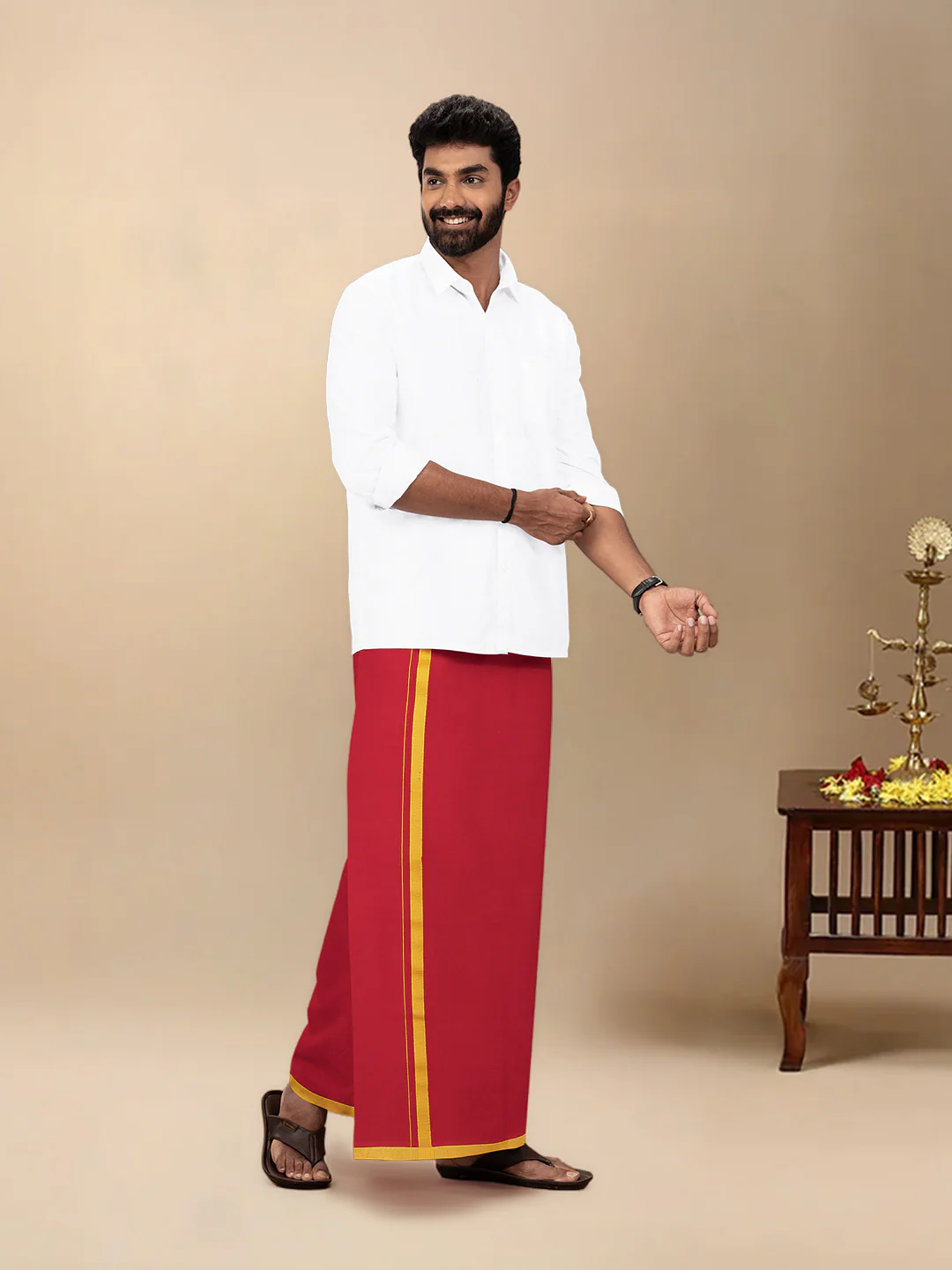 Men Cotton Blend Single Layer Red Dhoti & Towel Set with Assorted Border Poojan - Image 6
