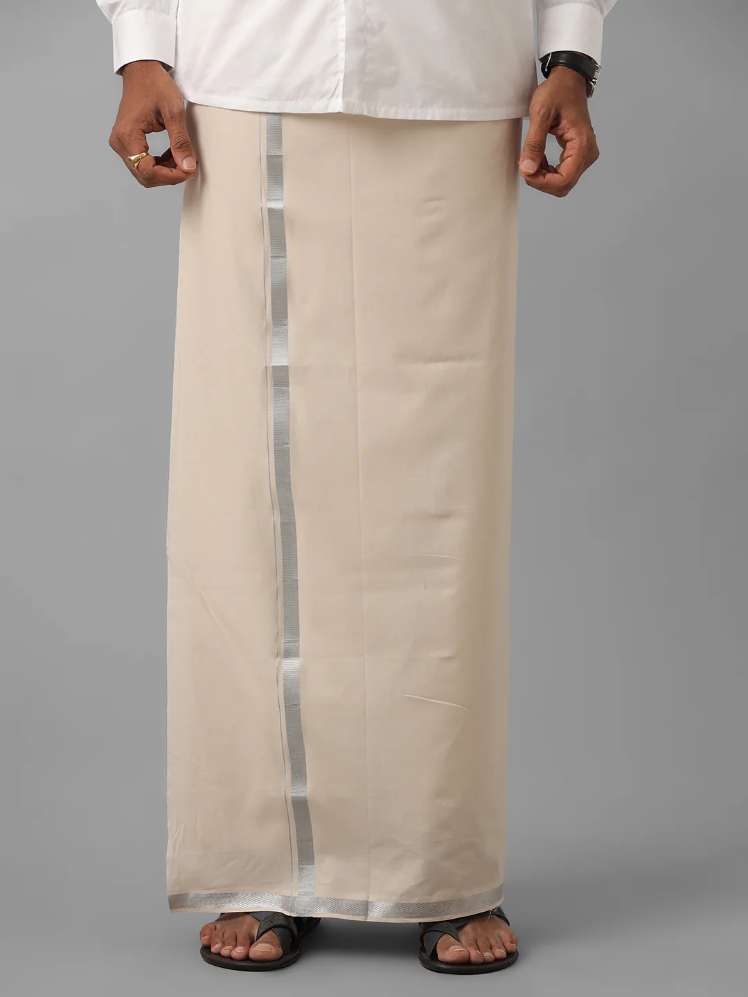 Men Cotton Blend Single Layer Sandal Dhoti with Silver Jari Border