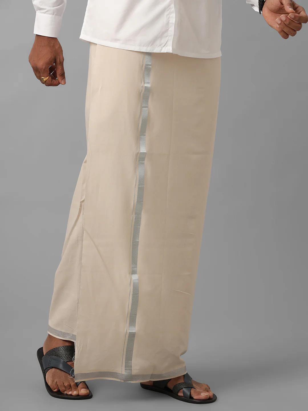 Men Cotton Blend Single Layer Sandal Dhoti with Silver Jari Border - Image 2