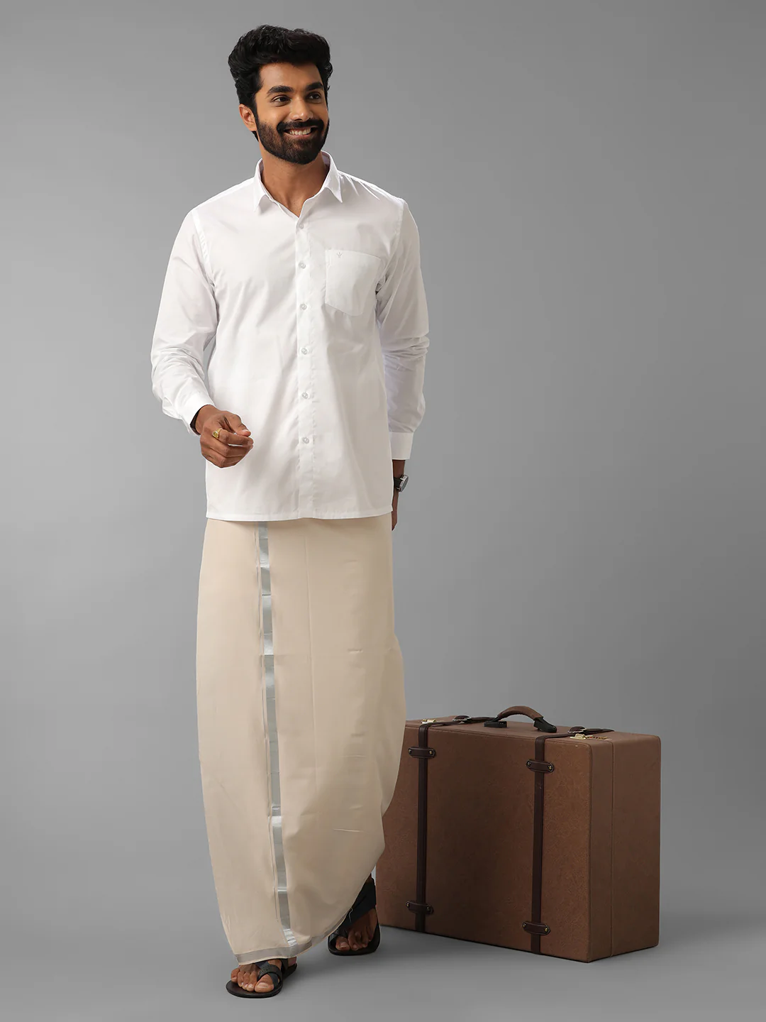 Men Cotton Blend Single Layer Sandal Dhoti with Silver Jari Border - Image 3