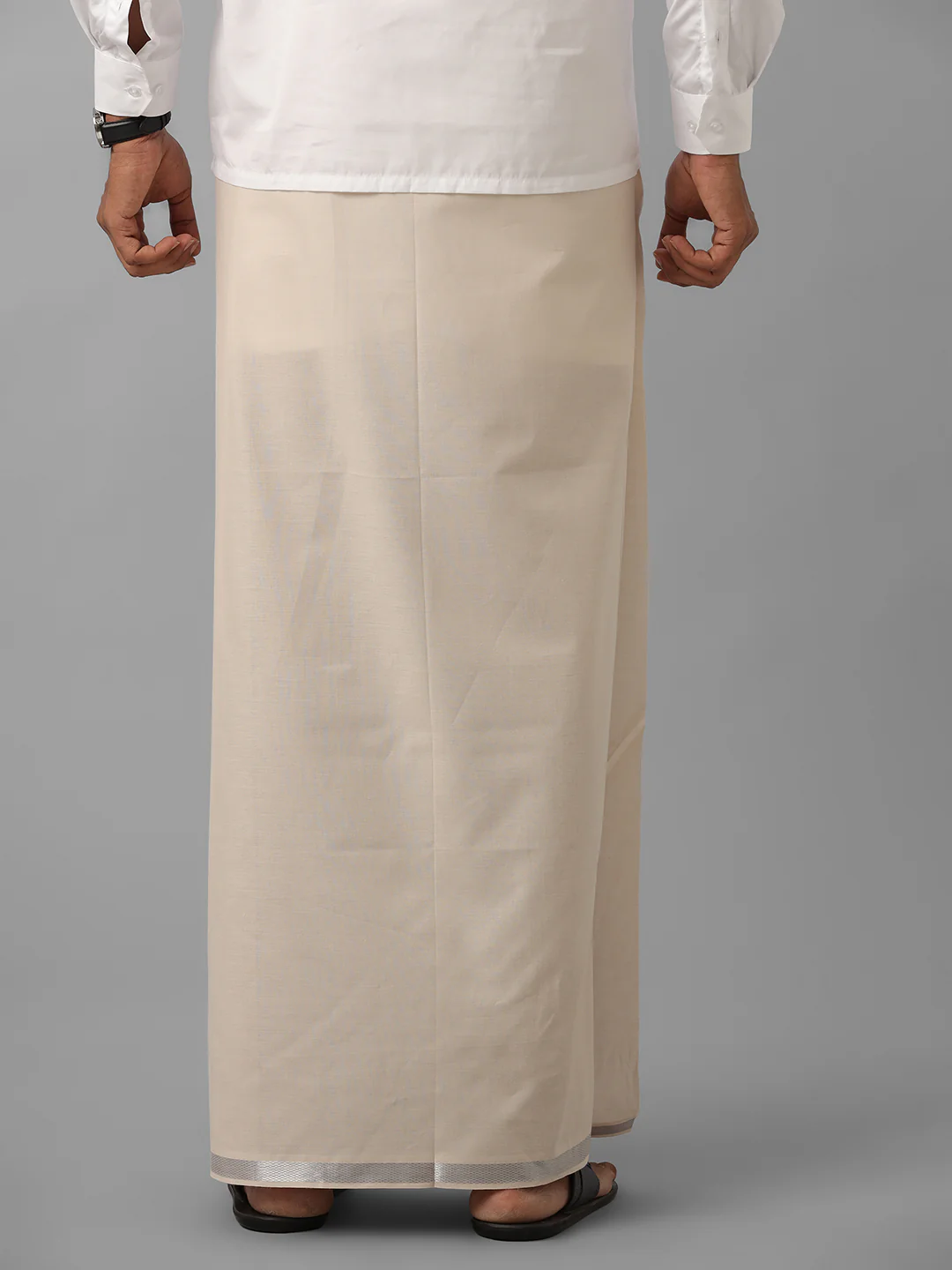 Men Cotton Blend Single Layer Sandal Dhoti with Silver Jari Border - Image 4