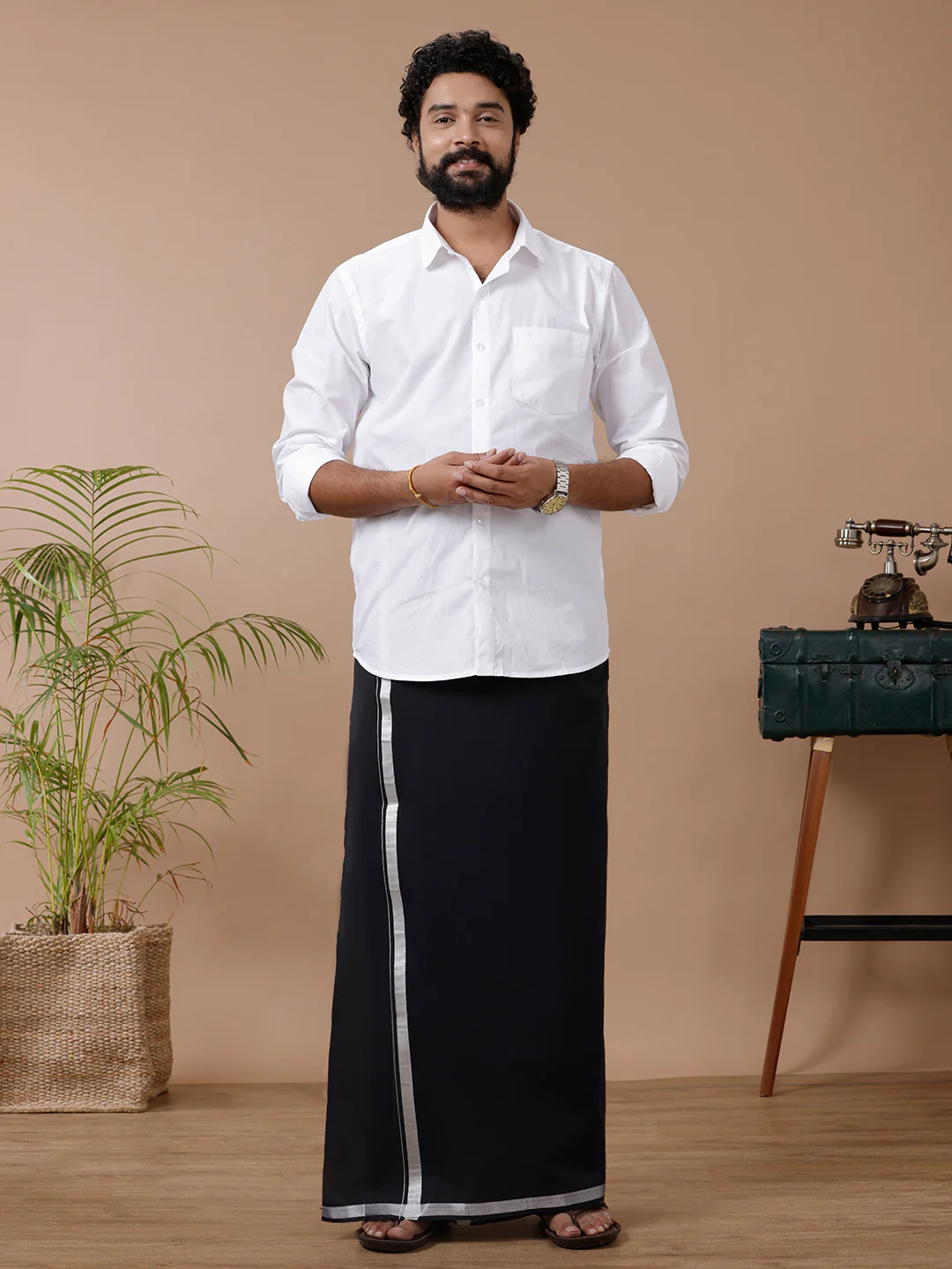 Men Cotton Blend Single Layer Silver Black Dhoti with Silver Jari Border Cosmic - Image 3