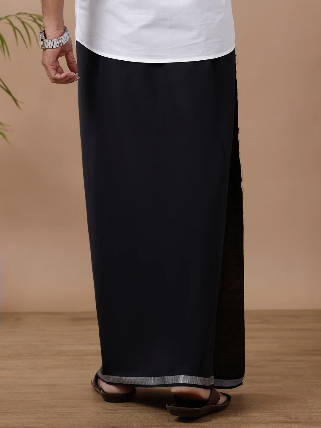 Men Cotton Blend Single Layer Silver Black Dhoti with Silver Jari Border Cosmic - Image 4