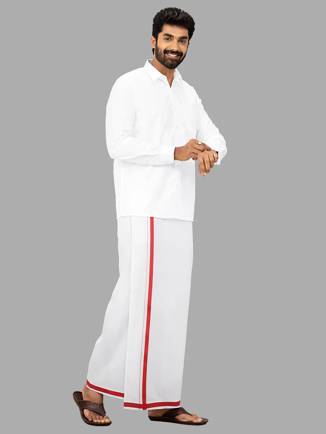 Men Cotton Blend Single Layer Stitched Dhoti with Assorted Border Canal - Image 6