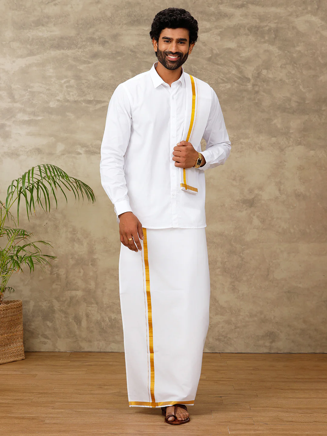 Men Cotton Blend Single Layer White Dhoti & Towel Set with 3/4 "Gold Jari Border - Image 2