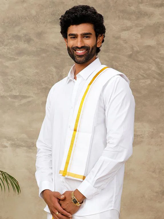 Men Cotton Blend Single Layer White Dhoti & Towel Set with 3/4 "Gold Jari Border - Image 3