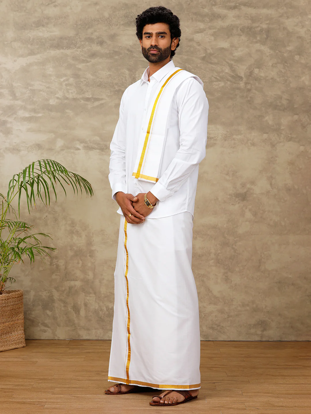 Men Cotton Blend Single Layer White Dhoti & Towel Set with 3/4 "Gold Jari Border - Image 4